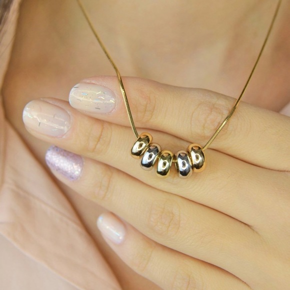 Five Beads 14k Gold Chain -Gold Silver Rose Gold Color Bead Luxury Necklace - Picture 2 of 10